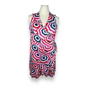 Lands End Red Write Blue Wrap Beach Pool Dress XL Novelty Print Umbrellas
